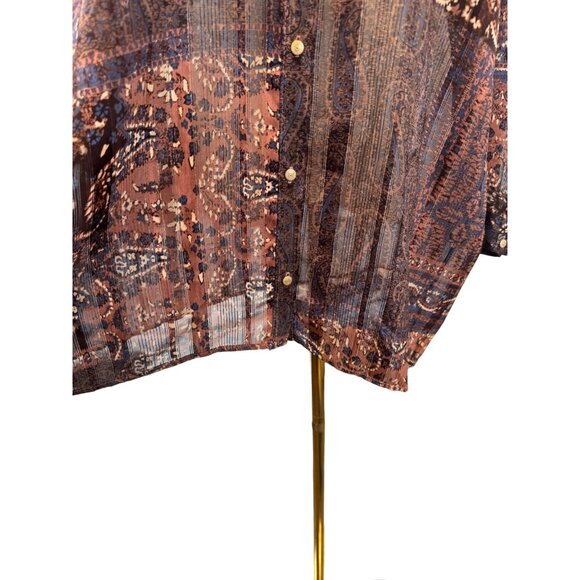 ZARA M Bohemian Brown Rust Blue Print Dolman Sleeve Button-Down Blouse - Picture 4 of 16